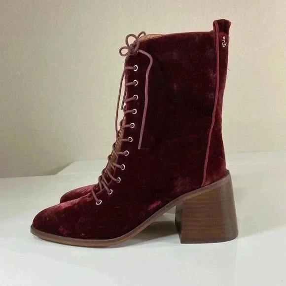 Sam Edelman Westie Brick Velvet 7.5 Chunky Heel Squared Toe Lace Up Boots - Picture 4 of 10